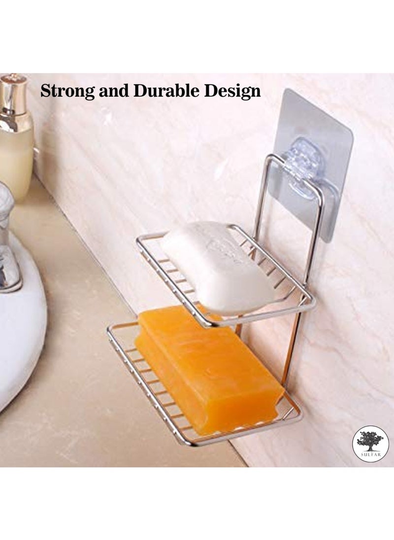 sulfar Sulfar Wall Mounted Self Adhesive Stainless Steel Double Layer soap Dish Holder Kitchen Bathroom Soaps Storage Rack for Home (Silver)  - Image 3