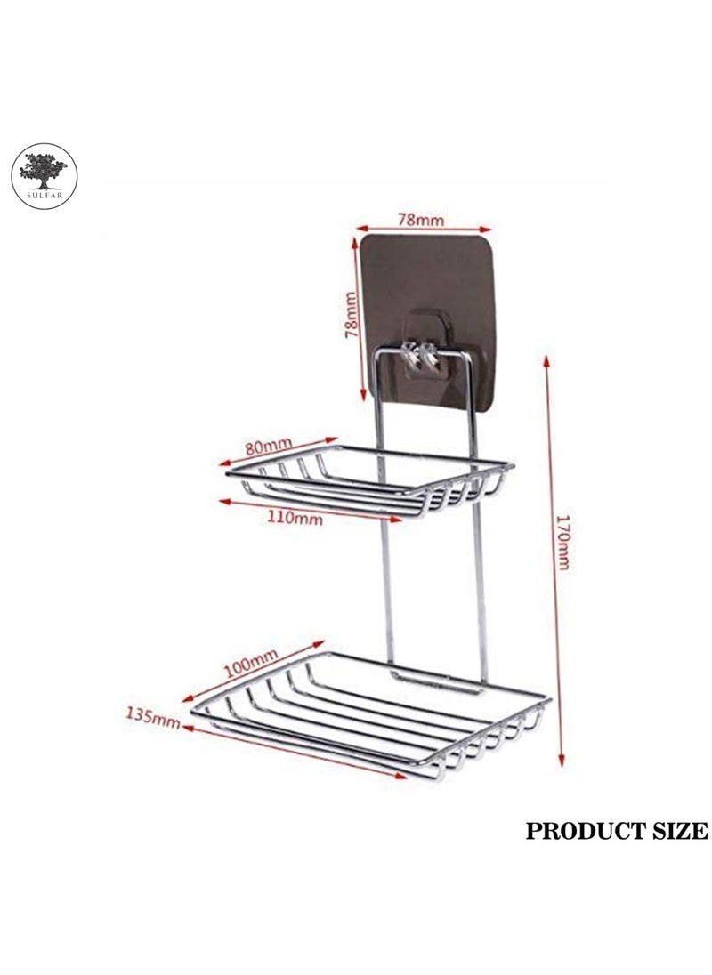 sulfar Sulfar Wall Mounted Self Adhesive Stainless Steel Double Layer soap Dish Holder Kitchen Bathroom Soaps Storage Rack for Home (Silver)  - Image 2