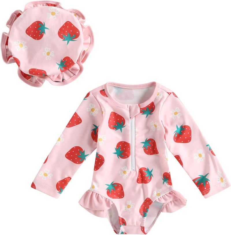 Baby girls and girls long-sleeved one-piece swimsuits with sun hats (pink, recommended for ages 9-12 months) - Image 2