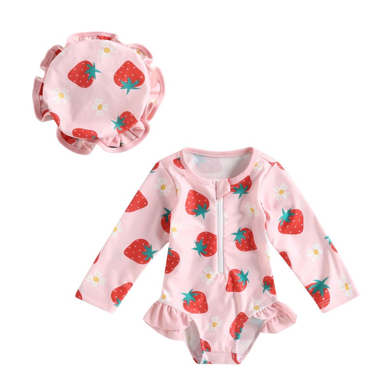 Baby girls and girls long-sleeved one-piece swimsuits with sun hats (pink, recommended for ages 9-12 months) - Image 1