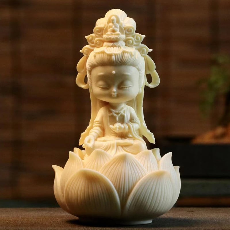 Kingzhuo Cute Beautiful Cartoon Guan Yin Statue - Small Goddess of Mercy Meditation Buddha Statue - Home Decor Feng Shui Gift (White) - Image 3