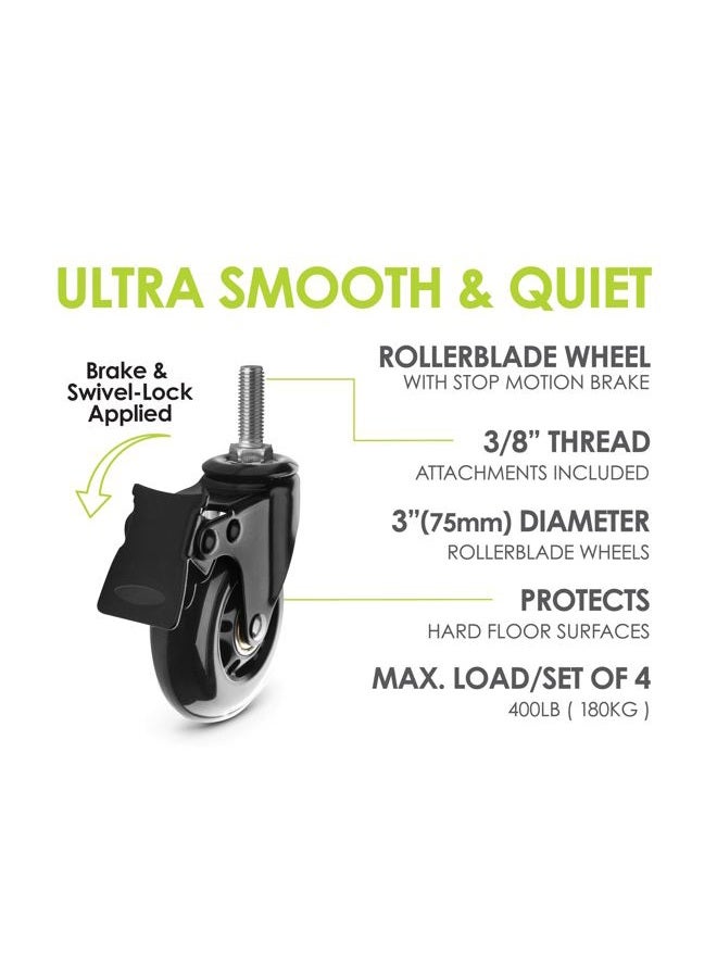 Slipstick CB693 Premium 3 Inch Rubber Caster Wheels with Brake (4 Pack) Replacement Rollerblade Style Swivel Casters with 3/8”– 16x1” Threaded Stem, Includes Mounting Hardware, Black/Clear Castor - Image 2