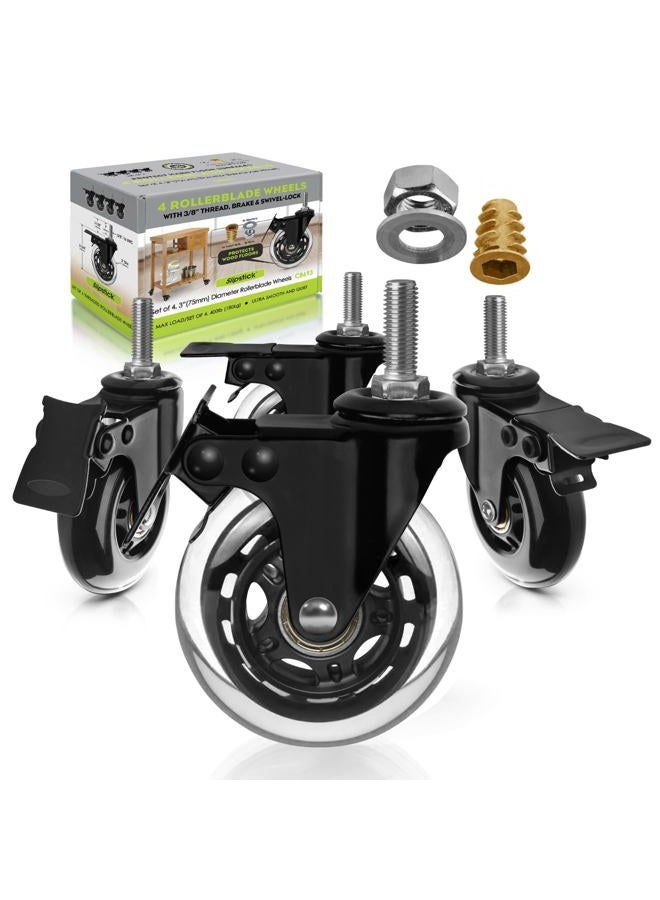 Slipstick CB693 Premium 3 Inch Rubber Caster Wheels with Brake (4 Pack) Replacement Rollerblade Style Swivel Casters with 3/8”– 16x1” Threaded Stem, Includes Mounting Hardware, Black/Clear Castor - Image 1