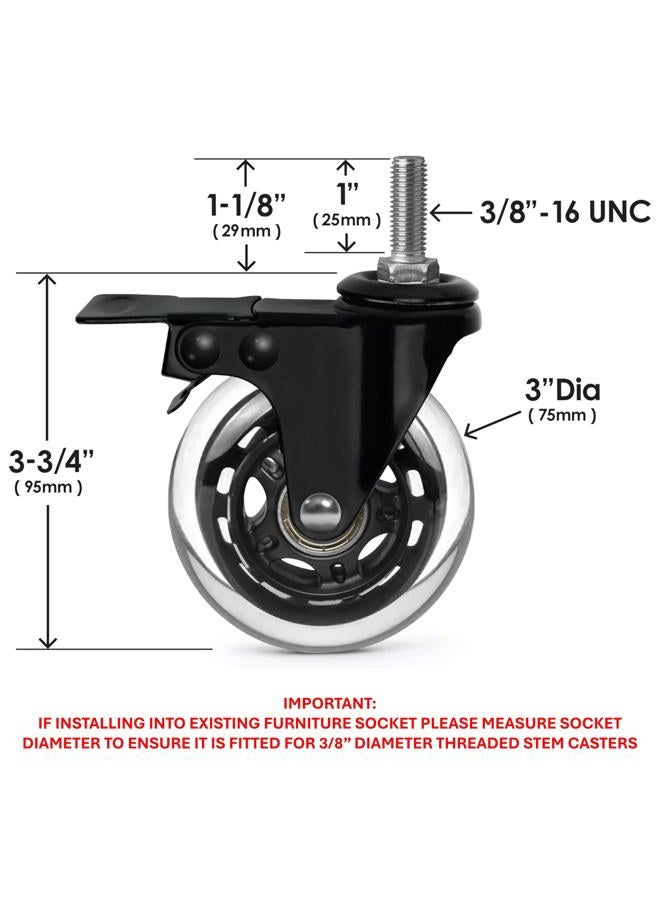 Slipstick CB693 Premium 3 Inch Rubber Caster Wheels with Brake (4 Pack) Replacement Rollerblade Style Swivel Casters with 3/8”– 16x1” Threaded Stem, Includes Mounting Hardware, Black/Clear Castor - Image 3