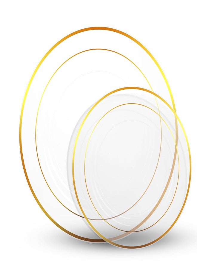 Munfix 125 Piece Gold Dinnerware Party Set - 50 Gold Rim Clear Plastic Plates, 25 Dinner 25 Dessert Plates, 25 Knives, 25 Forks, 25 Spoons - 25 Guest Disposable Set for Wedding Birthday Parties - Image 2