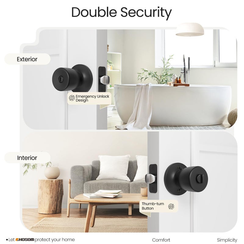 HOSOM Privacy Door Knob with Lock, Matte Black Door Knob Set, Black Door Handles Interior, Keyless Doorknobs Interior Door Lock for Bedroom, Bathroom, 1 Pack - Image 4