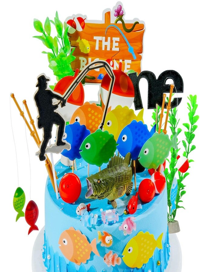 سيمبل بوليمر مجموعة زينة كعكة سيمبلي بوليمر مكونة من 36 قطعة بتصميم صيد السمك، زينة كعكة مستوحاة من أجواء الصيد مع سمكة قاروص، مثالية لحفلات الصيادين. - Image 1
