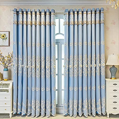 Amidoudou 1 Pair European Double Layer Curtains with Valances for Living Room Bedroom Luxury 3D Flower Embroidered Curtains Blue52x96 Inch - Image 3
