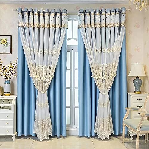 Amidoudou 1 Pair European Double Layer Curtains with Valances for Living Room Bedroom Luxury 3D Flower Embroidered Curtains Blue52x96 Inch - Image 1