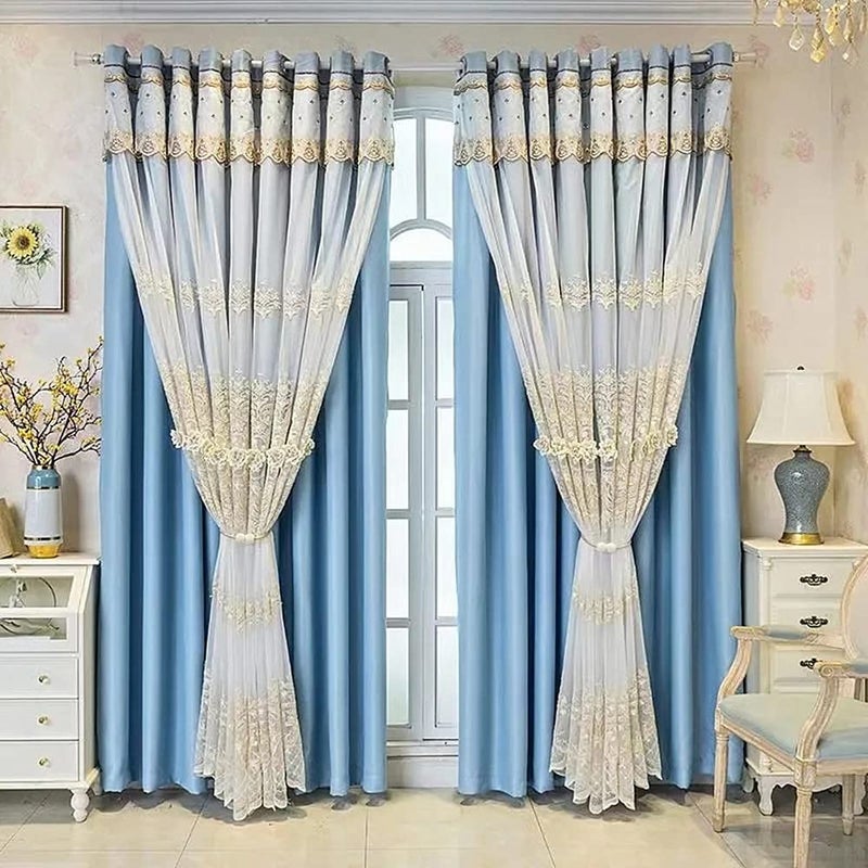 Amidoudou 1 Pair European Double Layer Curtains with Valances for Living Room Bedroom Luxury 3D Flower Embroidered Curtains Blue52x96 Inch - Image 2