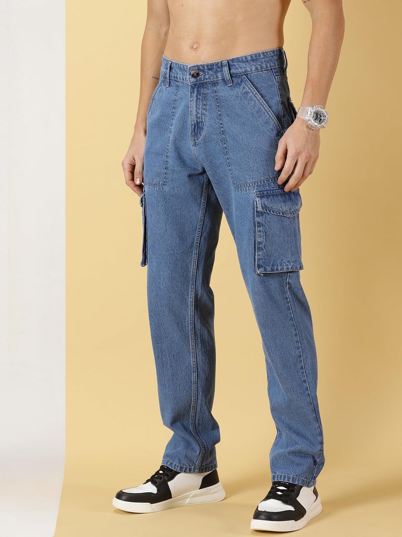 Thomas Scott Men Comfort Relaxed Fit Clean Look Light Fade Pure Cotton Cargo Jeans, Mid Rise, Blue, 38 - Image 3
