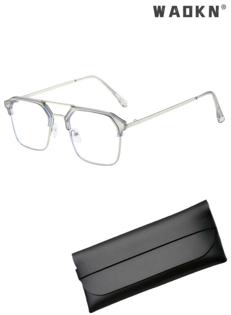 WAOKN Unisex  For Men & Women Double Bridge Photochromic Blue Light Blocking Glasses, Transparent Grey Frame TAC HD Lens Eyeglasses, Multi-Layer Blue Light Coating ，Reduces Eye Fatigue & Dryness，Prescription Friendly Browline Computer Glasses for Office Daily Wear, - Image 1