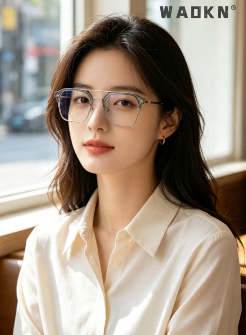 WAOKN Unisex  For Men & Women Double Bridge Photochromic Blue Light Blocking Glasses, Transparent Grey Frame TAC HD Lens Eyeglasses, Multi-Layer Blue Light Coating ，Reduces Eye Fatigue & Dryness，Prescription Friendly Browline Computer Glasses for Office Daily Wear, - Image 2