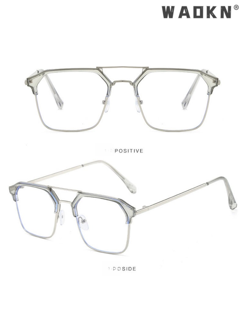 WAOKN Unisex  For Men & Women Double Bridge Photochromic Blue Light Blocking Glasses, Transparent Grey Frame TAC HD Lens Eyeglasses, Multi-Layer Blue Light Coating ，Reduces Eye Fatigue & Dryness，Prescription Friendly Browline Computer Glasses for Office Daily Wear, - Image 3