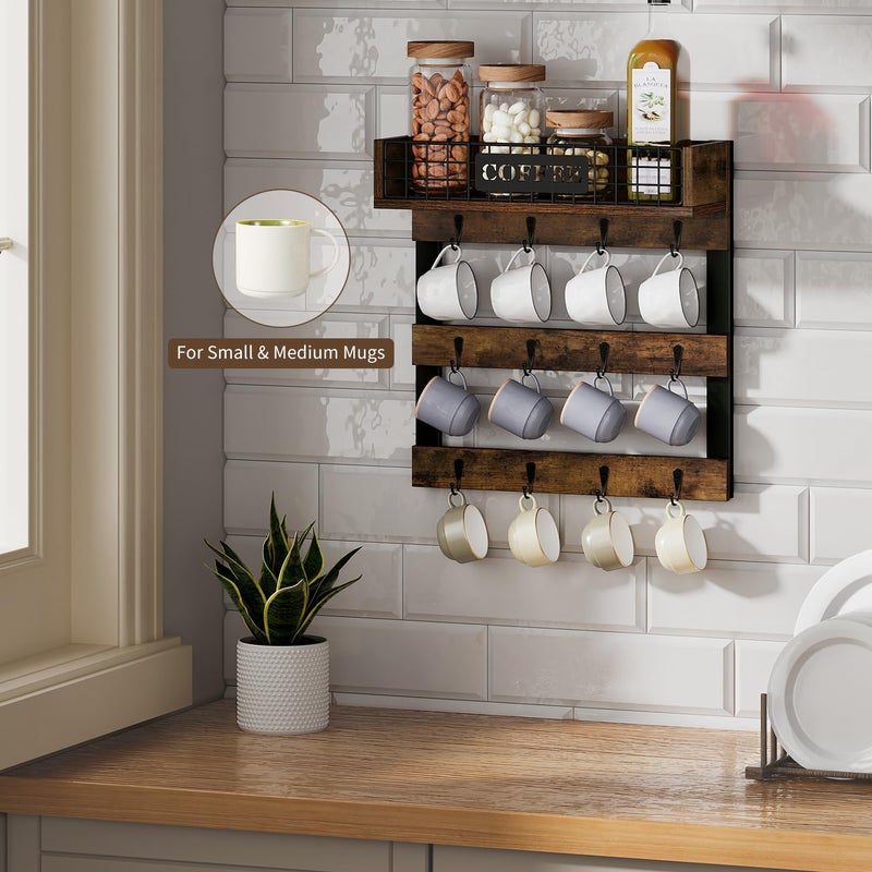 YINMIT Coffee Mug Holder Wall Mounted, Wood Mug Racks with 12 Hooks, Coffee Cup Holder for Wall with Storage Shelf, Cups Rack for Home, Kitchen - Image 2
