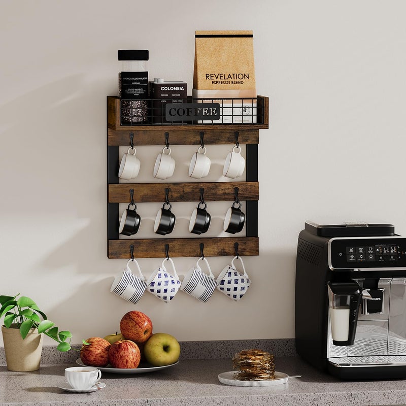 YINMIT Coffee Mug Holder Wall Mounted, Wood Mug Racks with 12 Hooks, Coffee Cup Holder for Wall with Storage Shelf, Cups Rack for Home, Kitchen - Image 3