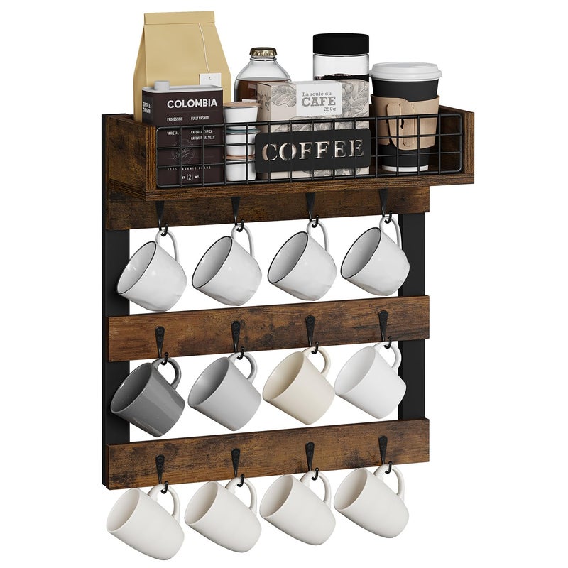 YINMIT Coffee Mug Holder Wall Mounted, Wood Mug Racks with 12 Hooks, Coffee Cup Holder for Wall with Storage Shelf, Cups Rack for Home, Kitchen - Image 1