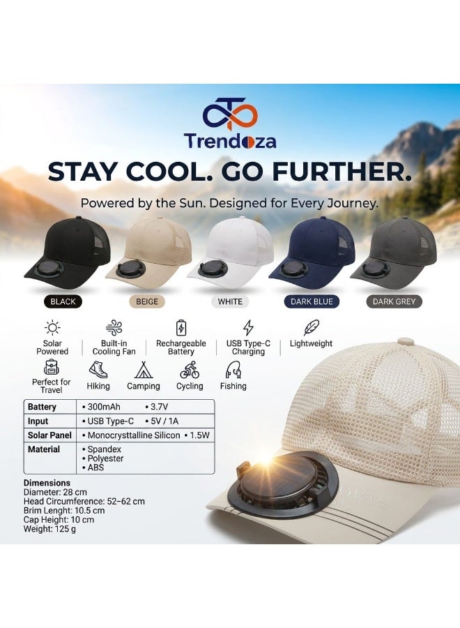 Trendoza Solar Powered Cooling Fan Cap | USB Rechargeable Breathable Baseball Hat for Outdoor Activities, Hiking & Travel | Beige - Image 5