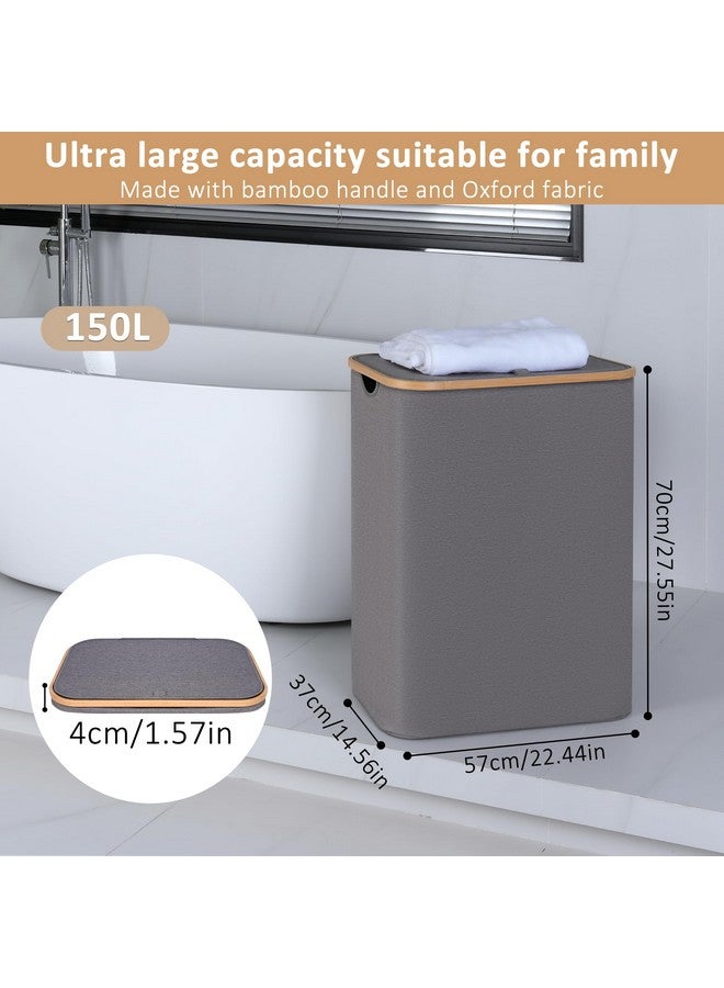 iEGrow iEGrow 150L Laundry Hamper with Lid-Large Laundry Basket with Bamboo Handles, Grey Hampers for Laundry, Dirty Clothes Hamper with 2 Removable Inner Bags for Clothes Toys Towels - Image 2