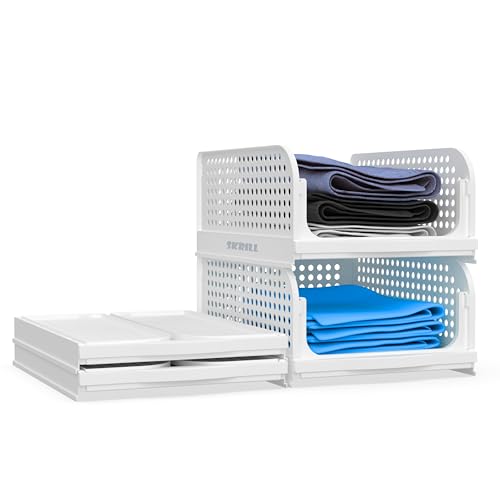 Skrill Pack of 2 Foldable, Sliding & Stackable Plastic Wardrobe Organizer for Storage Clothes | Ideal Wardrobe Shelf Organiser for Innerwear, Shirt, Socks | White - Image 1