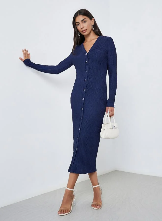 Styli Blue Textured Midi Dress with Button Detail