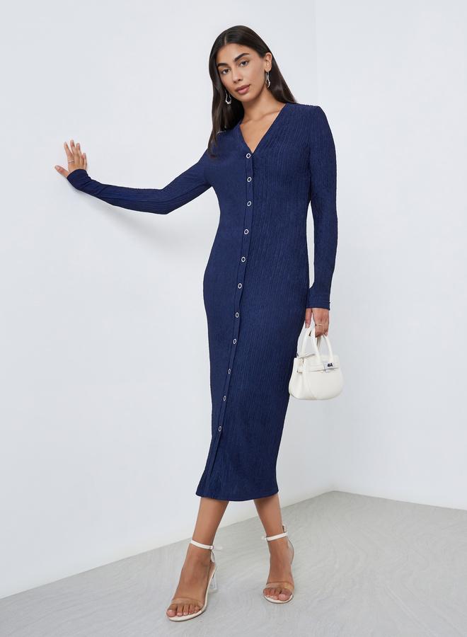 Styli Blue Textured Midi Dress with Button Detail - Image 1