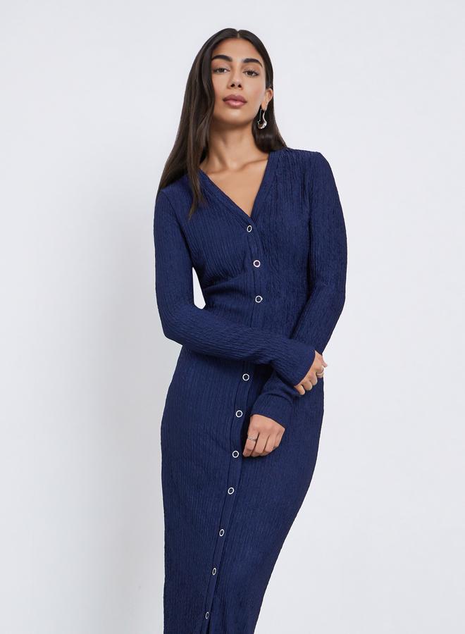 Styli Blue Textured Midi Dress with Button Detail - Image 2