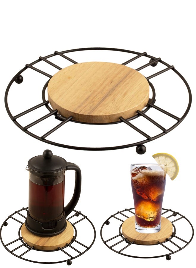 مجموعة من قطعتين من قواعد الأكواب، حامل ثلاثي عصري مع مركز خشبي - حامل أواني مقاوم للحرارة، وسادة ساخنة من المعدن والخشب للمطبخ، حماية طاولة الطعام، قواعد أكواب خشبية لامتصاص المشروبات، قواعد أكواب خشبية مع حامل، قواعد أكواب لطاولة القهوة، مجموعة قواعد أكواب ماصة لحماية الطاولة، قواعد أكواب للمشروبات للمنزل الريفي والمكتب والبار لديكور غرفة المعيشة، للأواني والغلايات ومكابس القهوة وأطباق التقديم - Image 1