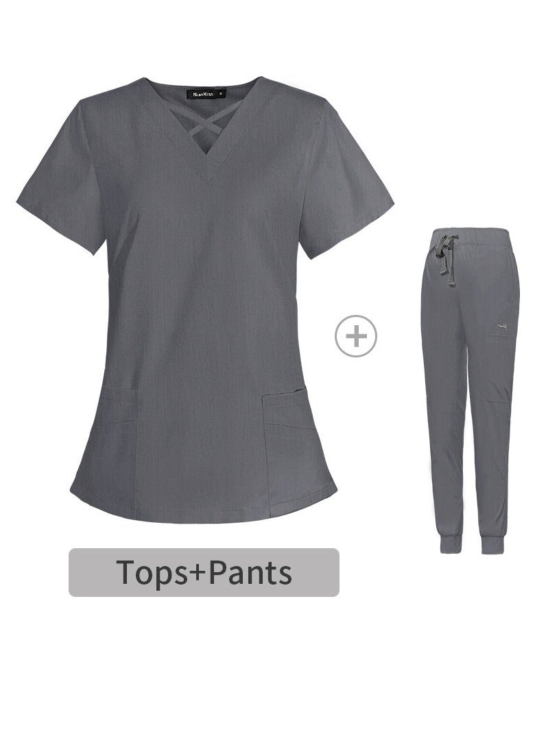 Loquat Fashion Medical Uniform Scrubs 2 Piece Set Stand Collar Top and Jogger Pants Suit Grey