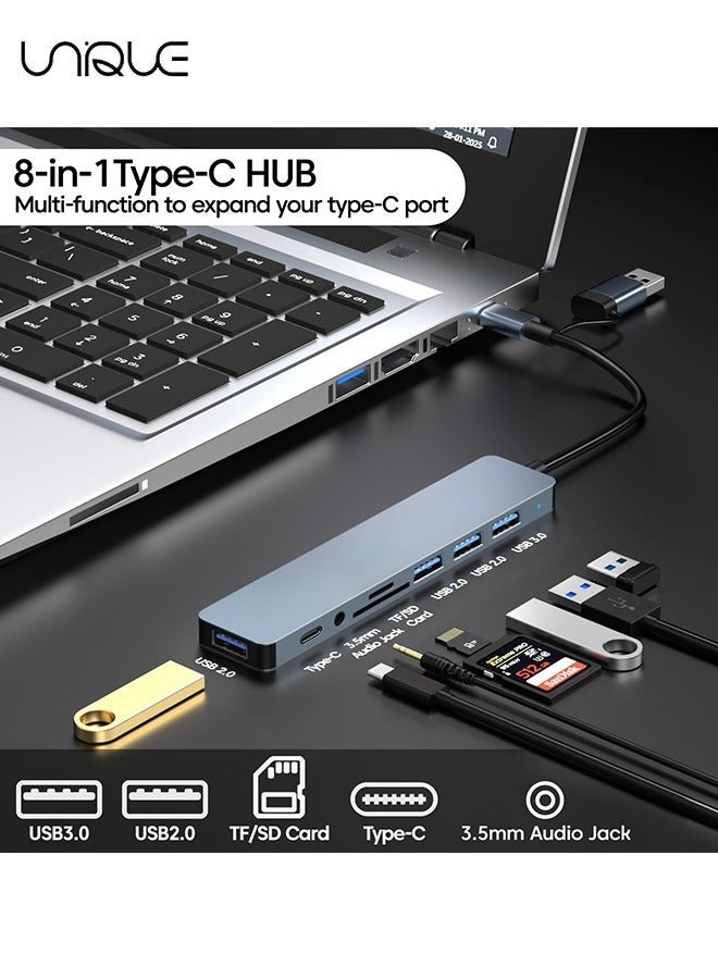 يونيك محول USB من النوع C 8 في 1 - 1 × USB 3.0 و 3 × USB 2.0 و 1 × USB C و SD / TF قارئ بطاقات ، ومنافذ Aux مقاس 3.5 مم لأجهزة MacBook Pro Air والمزيد من أجهزة الكمبيوتر / الكمبيوتر المحمول / الكمبيوتر اللوحي - Image 4