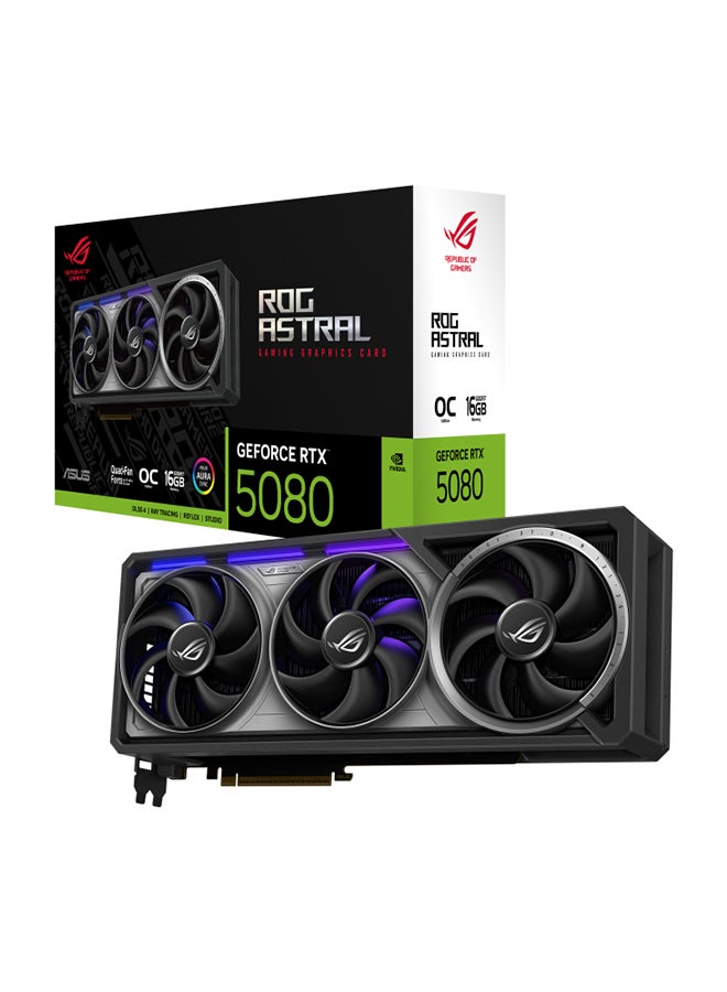 ASUS ROG Astral GeForce RTX™ 5080 16GB GDDR7 OC Edition, PCIe 5.0, 10752 CUDA Cores, 2790 MHz Boost Clock, 30 Gbps Memory Speed, 4K/8K Ready, 7680 x 4320 Max Resolution, 3 x DisplayPort 2.1b, 2 x HDMI 2.1b, 1899 TOPs AI Performance, ARGB, 850W PSU Recommended, 3.8 Slot, No NVLink Support, AURA SYNC Compatible, with Accessories | 90YV0LV0-M0NA00 Black