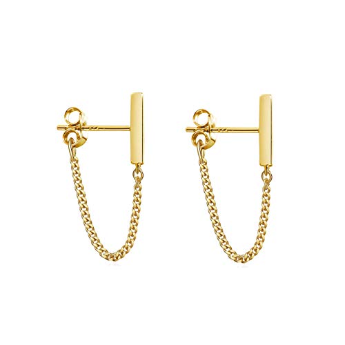 Reffeer 925 Sterling Silver Stud Earrings Minimalist Bar Earrings with Chain Dangle Earrings For Women (C-Yellow) - Image 1