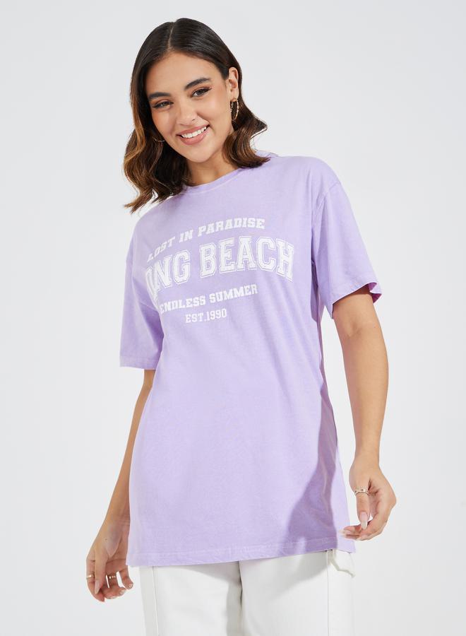 Styli Acid Wash Long Beach Slogan Oversized T-Shirt  - Image 3