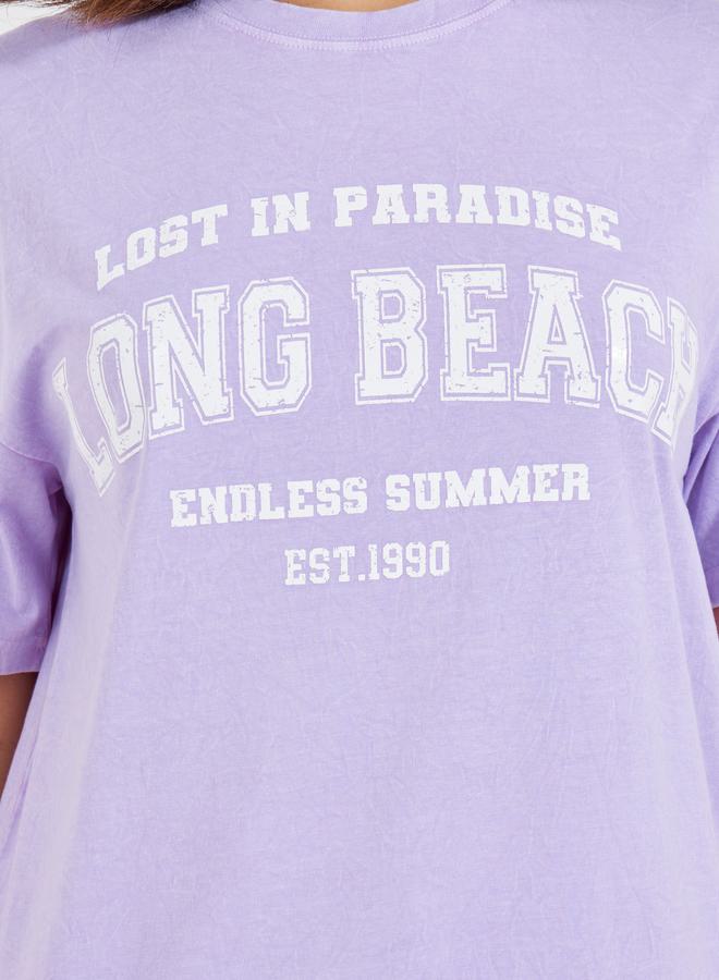 Styli Acid Wash Long Beach Slogan Oversized T-Shirt  - Image 4