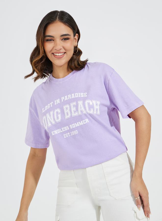 Styli Acid Wash Long Beach Slogan Oversized T-Shirt  - Image 1