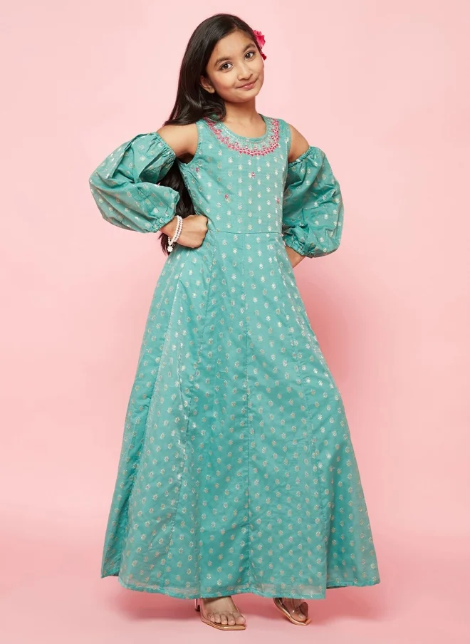 أيه كيه إس Green Ethnic Motifs Printed Maxi Dress for Girls