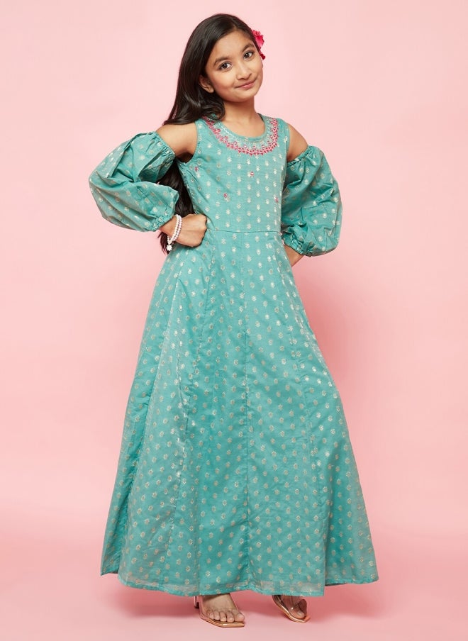 AKS Green Ethnic Motifs Printed Maxi Dress for Girls - Image 1