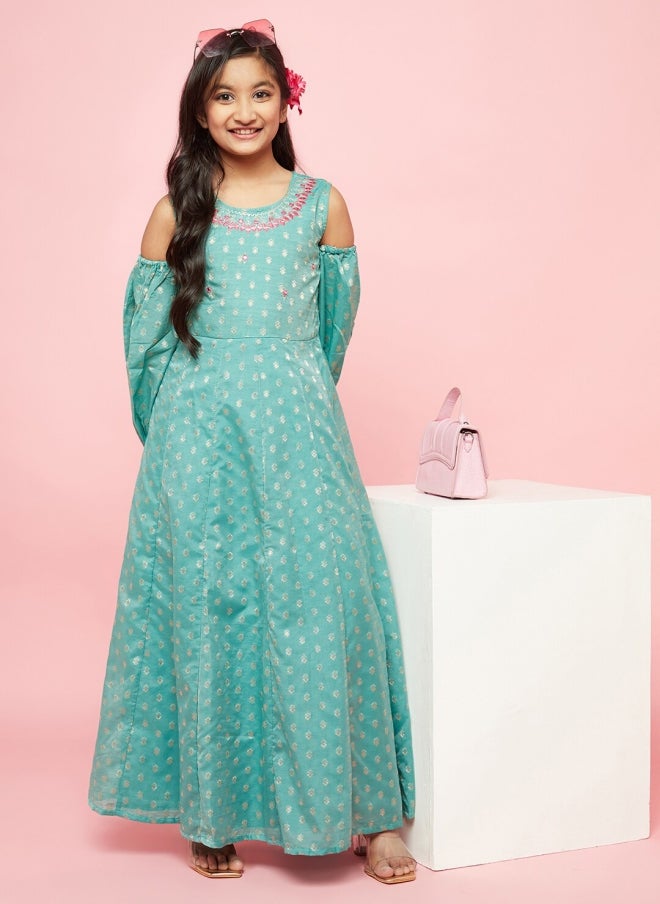 AKS Green Ethnic Motifs Printed Maxi Dress for Girls - Image 5