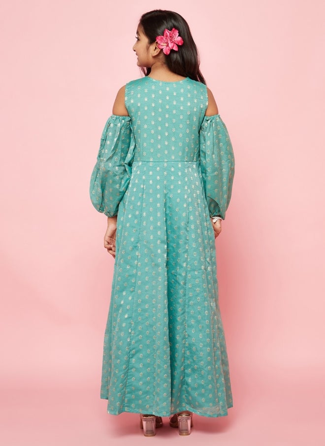 AKS Green Ethnic Motifs Printed Maxi Dress for Girls - Image 4