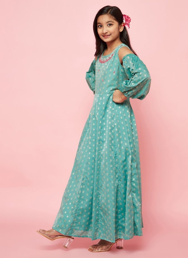 AKS Green Ethnic Motifs Printed Maxi Dress for Girls - Image 3