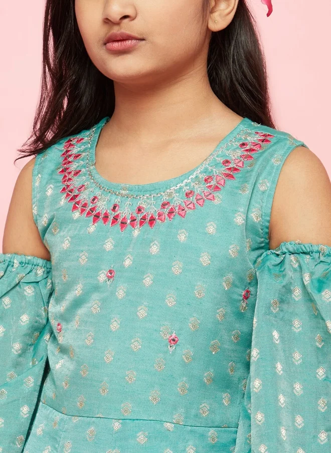 أيه كيه إس Green Ethnic Motifs Printed Maxi Dress for Girls