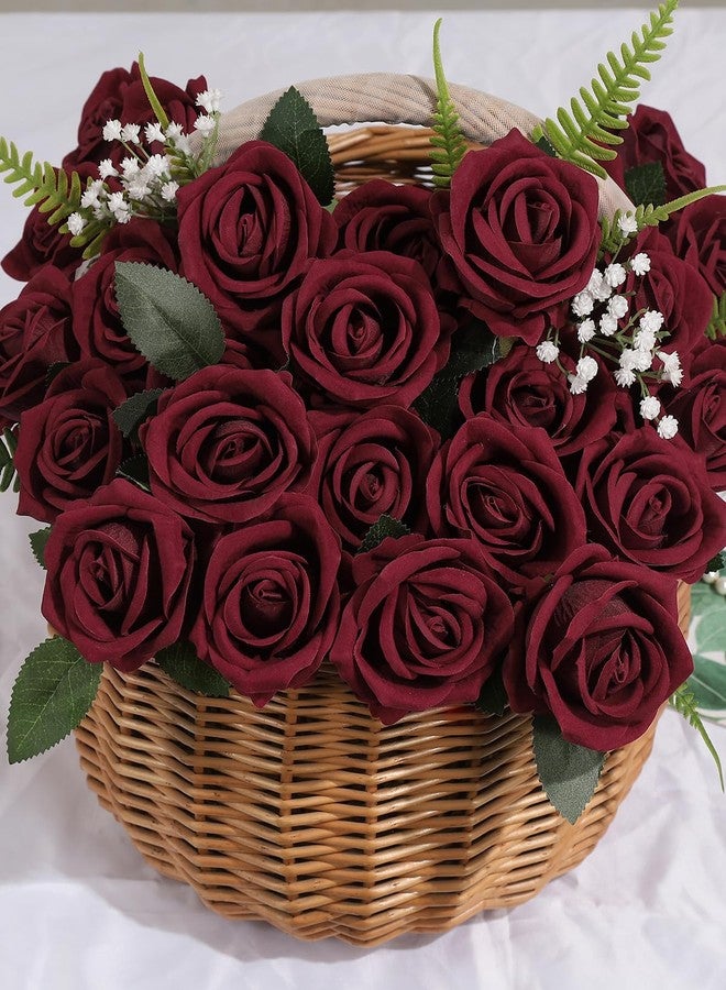 Coferset 50pcs Dark Red Artificial Roses Flowers in Bulk,Velvet Fake Rose with Long Stem Realistic Artificial Roses for Wedding Bouquets, DIY Centerpieces, Romantic Home & Party Decorations - Image 2