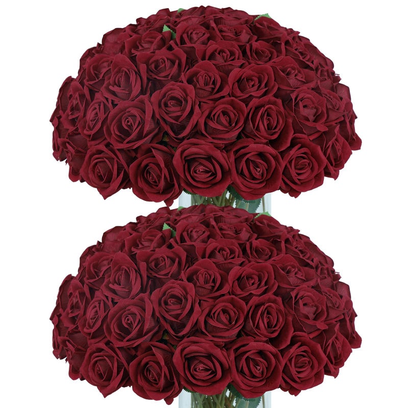 Coferset 50pcs Dark Red Artificial Roses Flowers in Bulk,Velvet Fake Rose with Long Stem Realistic Artificial Roses for Wedding Bouquets, DIY Centerpieces, Romantic Home & Party Decorations - Image 1