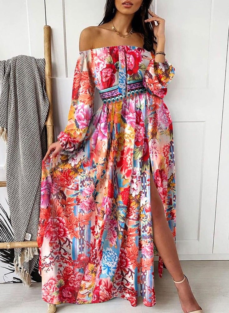 NIBEMINENT Women Print Evening Dress for Summer One-shoulder Pullover Retro Large Swing Split Skirt Long Sleeve Dresses for Women - Image 3