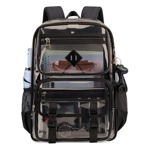 Sisipoet Clear Backpack for School, PVC Clear Bookbag Heavy Duty Transparent Backpack for Stadium Events Multiple Pockets See Through Bag for Teens Students Women Men with Leather Pendant, Semi Black - Image 1