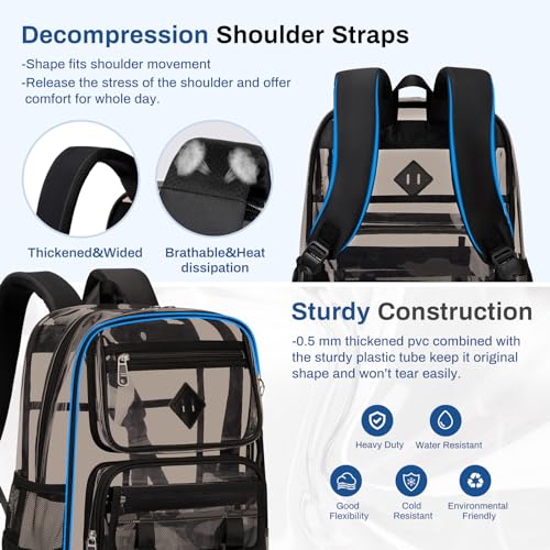 Sisipoet Clear Backpack for School, PVC Clear Bookbag Heavy Duty Transparent Backpack for Stadium Events Multiple Pockets See Through Bag for Teens Students Women Men with Leather Pendant, Semi Black - Image 5