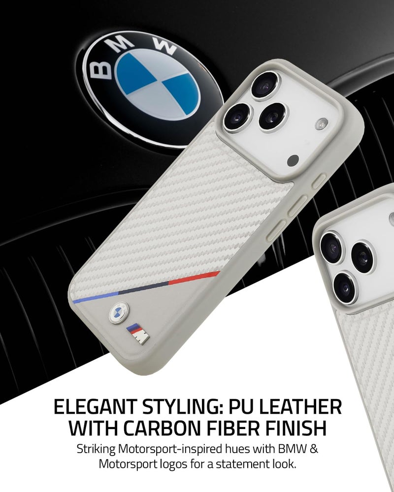 CG MOBILE BMW [Official Licensed] Protective Case Designed for iPhone 17 Pro Max |Mag-Safe Compatible|M Collection|Pu Leather Case Carbon & Tricolor Stripe with Metal Logos -Silver - Image 4
