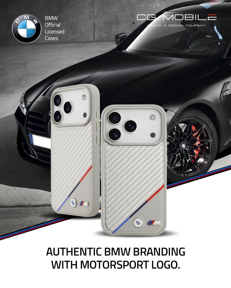 CG MOBILE BMW [Official Licensed] Protective Case Designed for iPhone 17 Pro Max |Mag-Safe Compatible|M Collection|Pu Leather Case Carbon & Tricolor Stripe with Metal Logos -Silver - Image 2