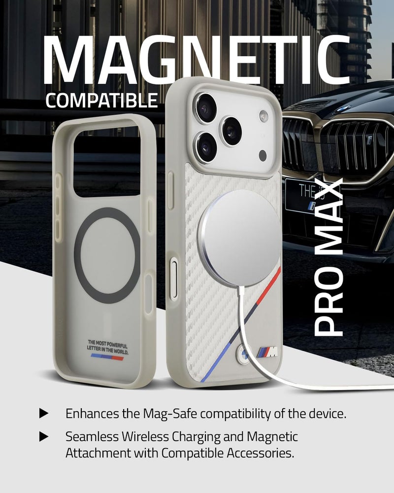 CG MOBILE BMW [Official Licensed] Protective Case Designed for iPhone 17 Pro Max |Mag-Safe Compatible|M Collection|Pu Leather Case Carbon & Tricolor Stripe with Metal Logos -Silver - Image 3