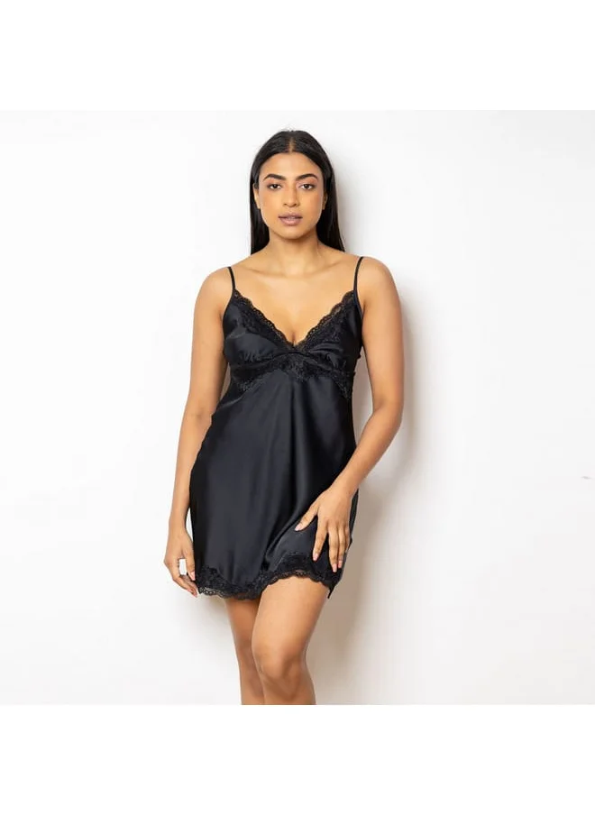 Aadaraya Aadaraya Sateen Chemise with Lace Detail and Adjustable Straps